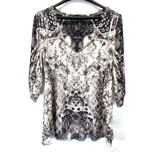 Style & Co Womens Medium 3/4 Sleeve Floral Gathered Sleeve Sequin Blouse Career